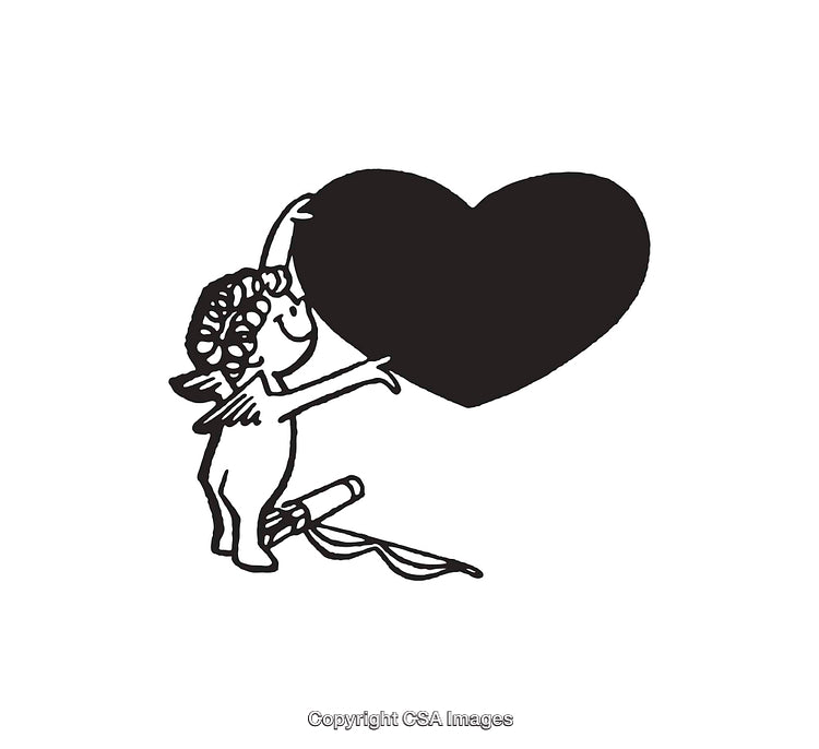 Black And White Line Art of Cupid Holding a Heart Symbol