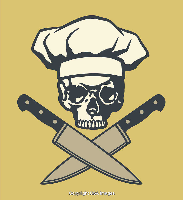 Skull-Chef Logo with Crossed Knives Design on Beige Background