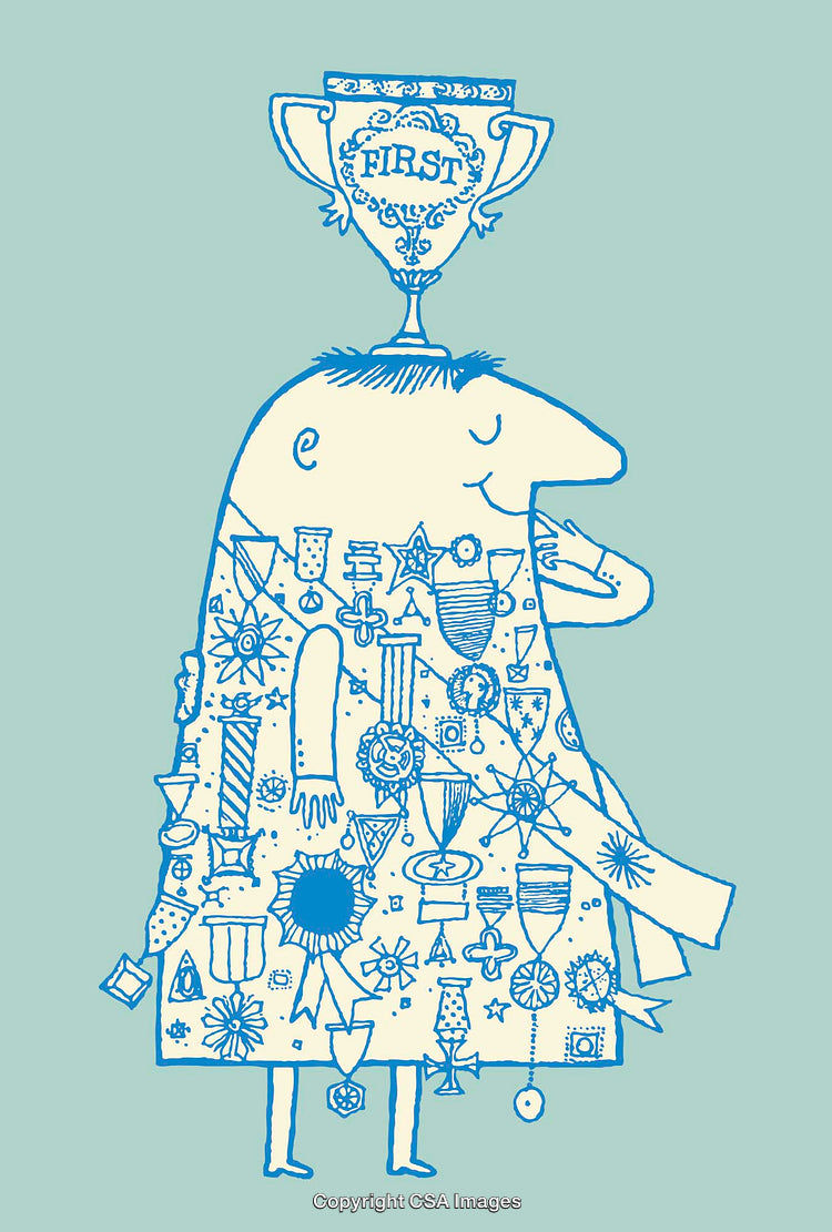 Blue Line Art Illustration of a Character with Trophies and Medals