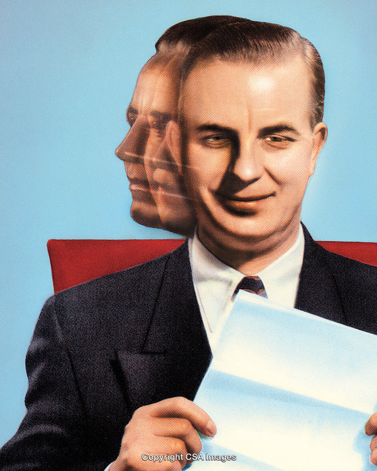 Vintage Collage of a Man with Overlapping Expressions on Dot Screen