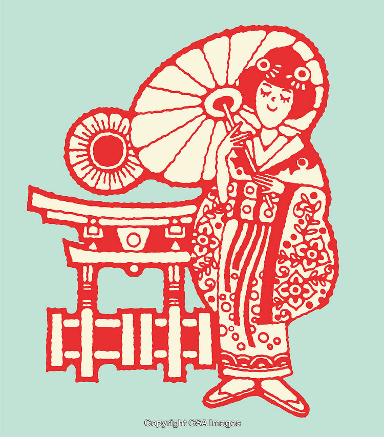 Traditional Japanese Line Art Illustration with a Geisha and Torii Gate