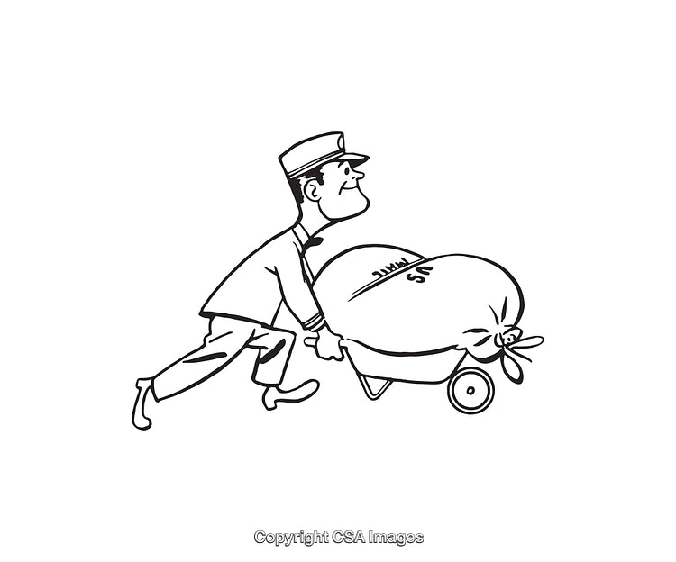 Cartoon Style Illustration of a Worker Transporting a Bag in a Wheelbarrow
