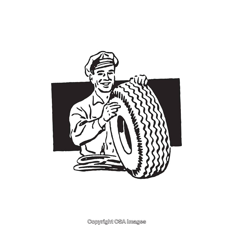 Black and White Illustration of a Man Holding a Car Tire
