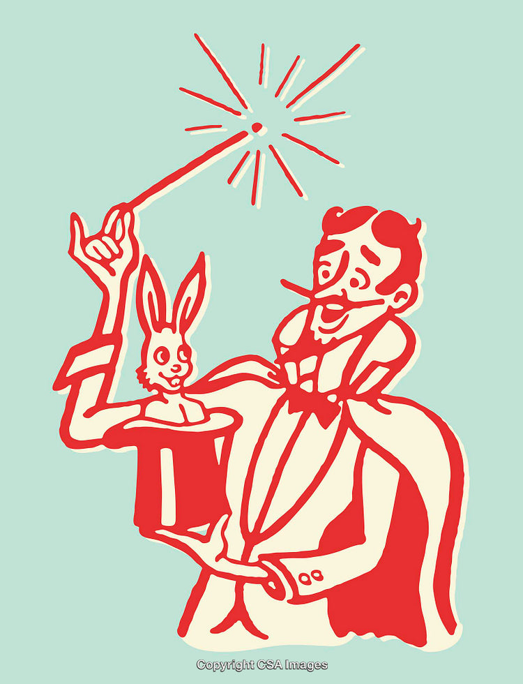Illustration of a Magician Performing with a Rabbit and a Magic Wand