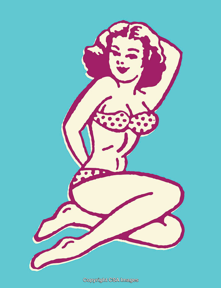 Retro Pin-Up Illustration in Polka-Dot Swimwear on Vibrant Background