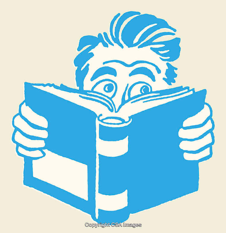 Illustration of Person Enthusiastically Reading a Large Book in Blue Tones