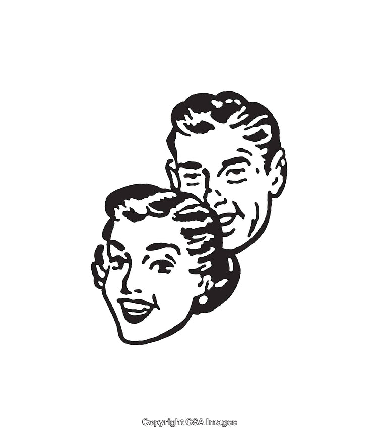 Black and White Retro Line Art of a Smiling Couple's Faces