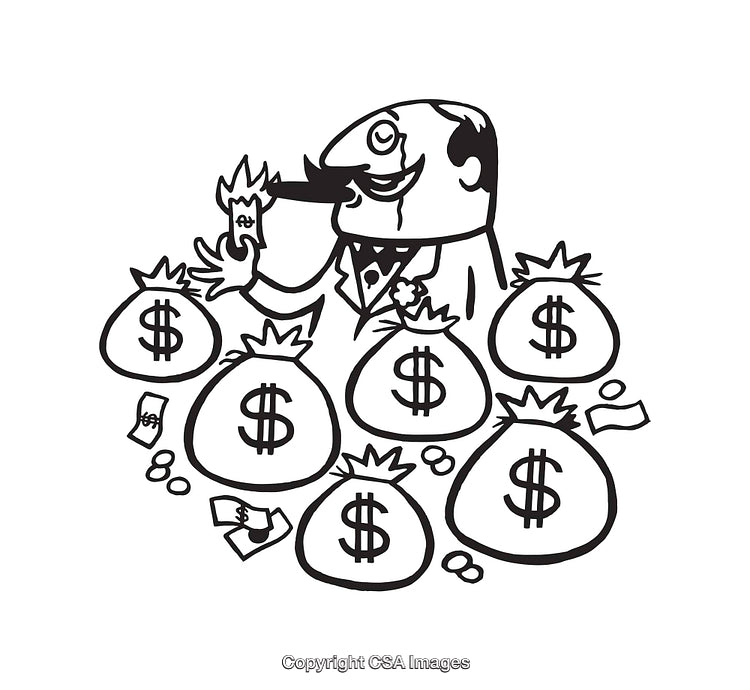 Cartoon Illustration of Wealthy Man With Money Bags in Black and White