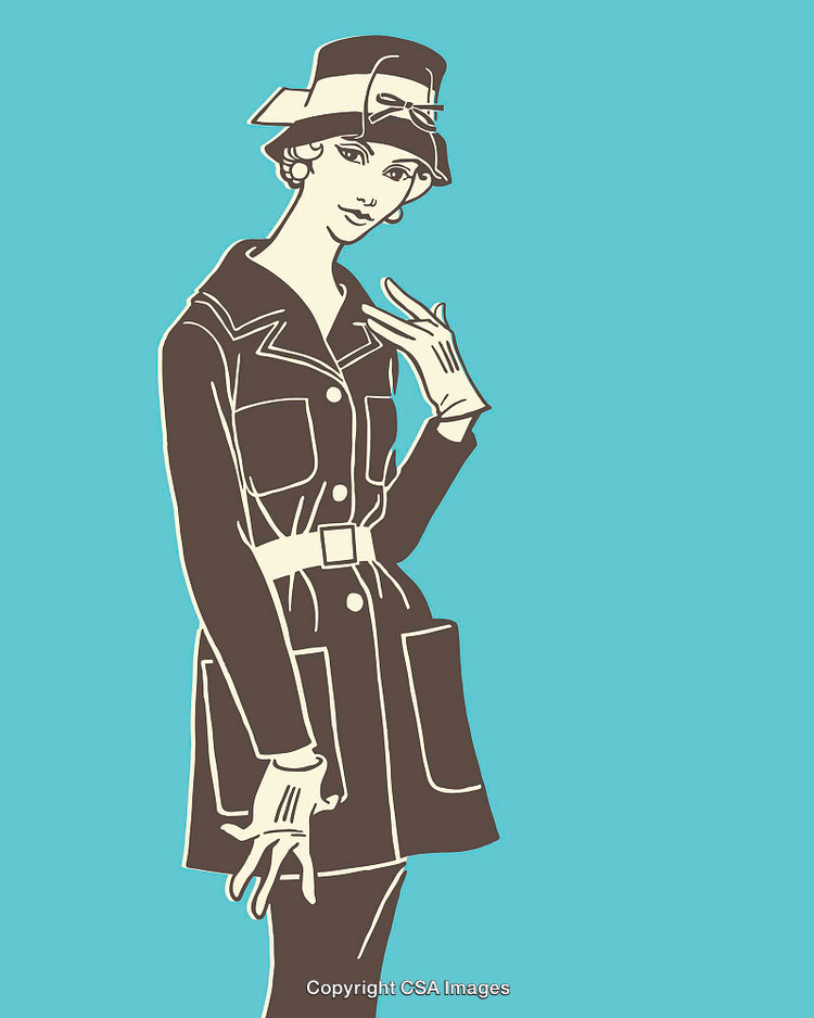 Vintage Illustrated Woman in Hat and Coat Against Blue Background