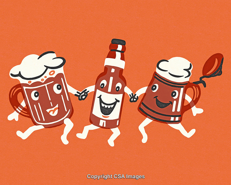 Cartoon Beer Mugs and Bottle Enjoying Together on Orange Background