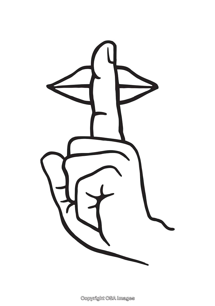Black And White Line Art Illustration Depicting Silence Gesture With Finger
