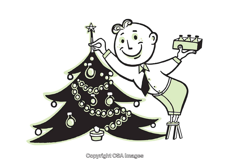 Vintage Illustration of a Man Decorating a Christmas Tree with Ornaments