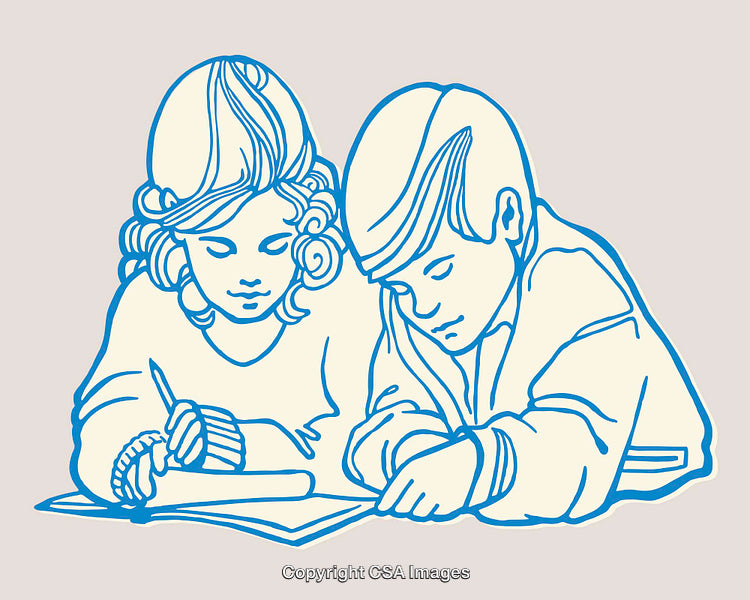 Line Art Illustration of Children Engaged in Writing Activity Together