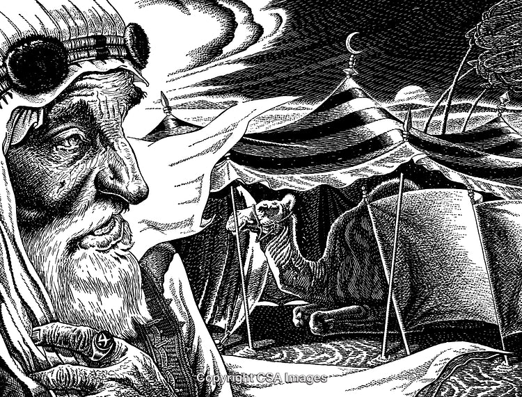 Black and White Engraving of Desert Scene with Nomad and Camel