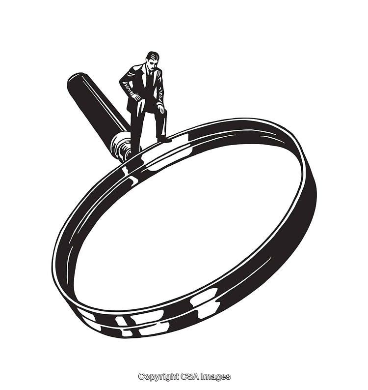 Line Art of Businessman Standing on a Magnifying Glass in Black and White