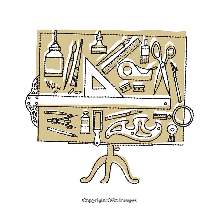 Collection of Drawing and Design Tools Organized on a Stand Illustration