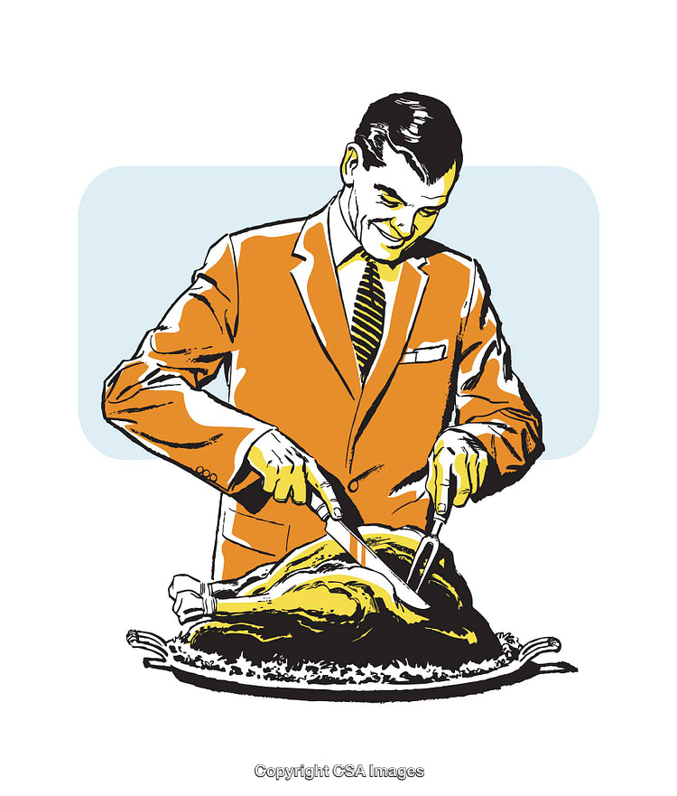 Vintage Illustration of Man Carving Roast Turkey in Retro Style