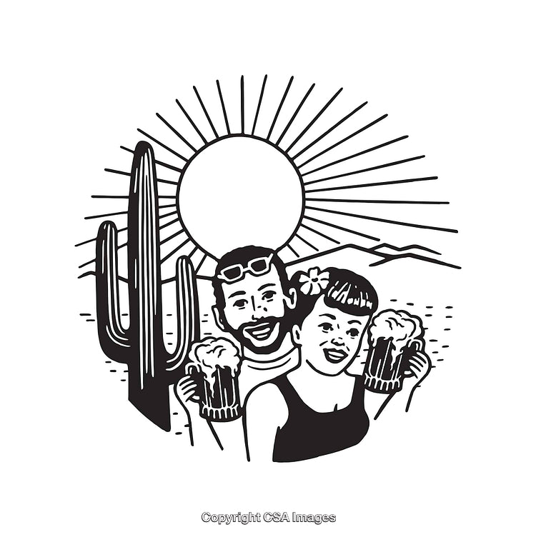 Retro Desert Scene with People Sharing Drinks Under Sun