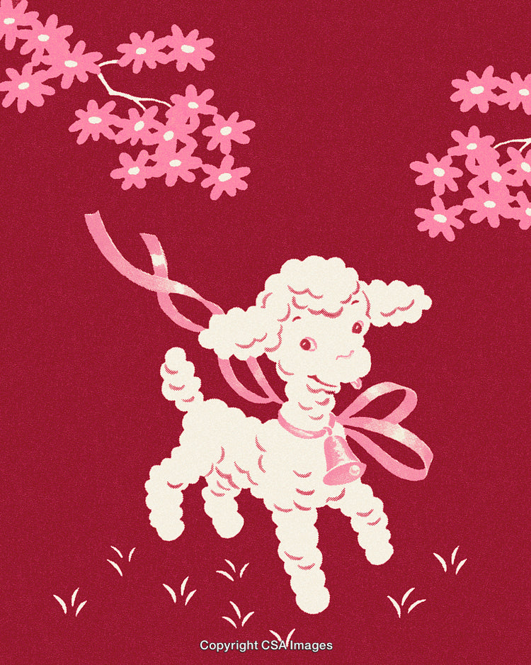Cartoon Lamb With Pink Ribbon and Blossoms on Deep Red Background