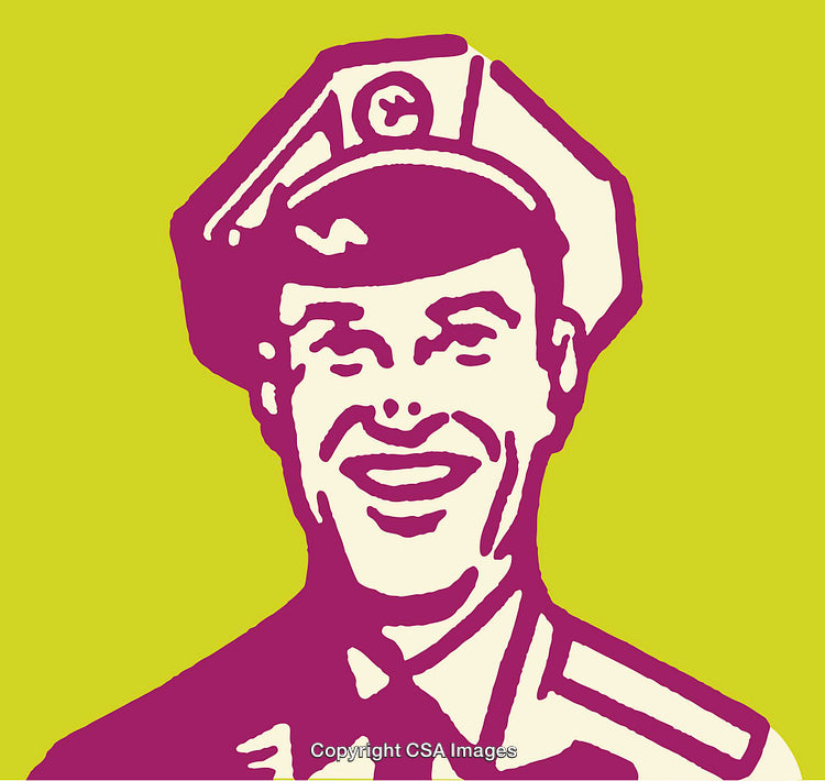 Colorful Retro-Style Illustration of a Smiling Policeman in Uniform