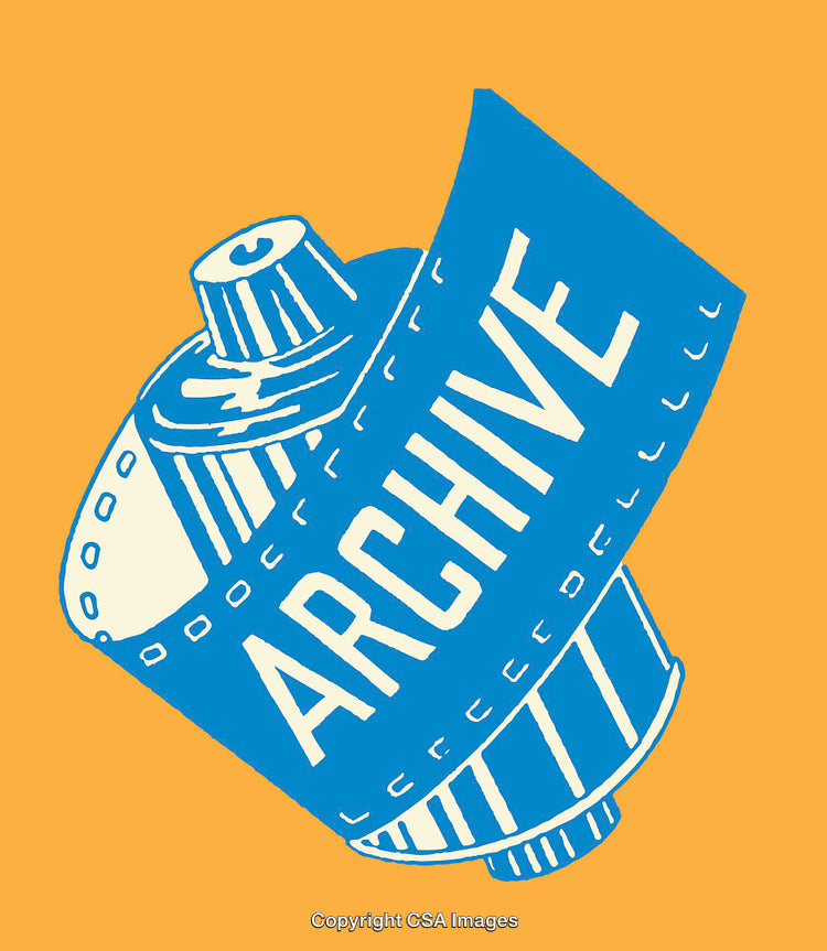 Blue Film Roll Line Art Illustration with Archive Text on Orange Background