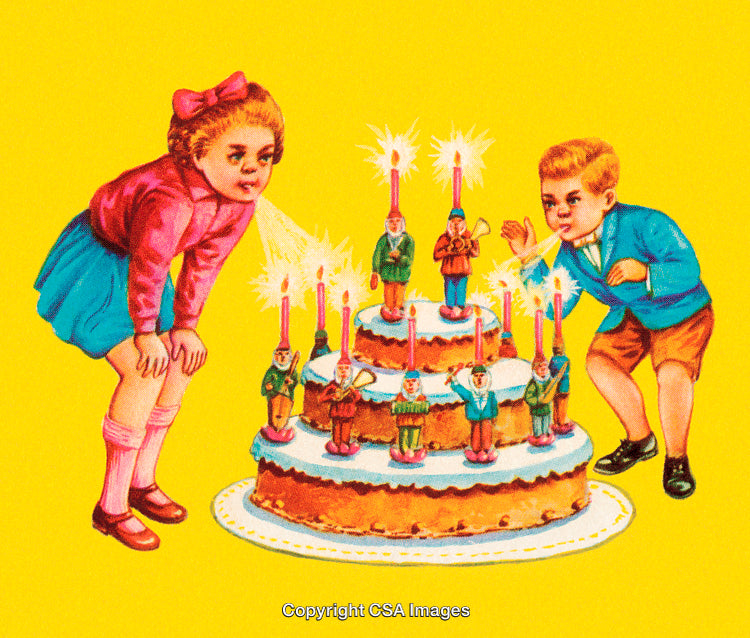 Children Blowing Birthday Cake Candles in a Vibrant Colorful Illustration