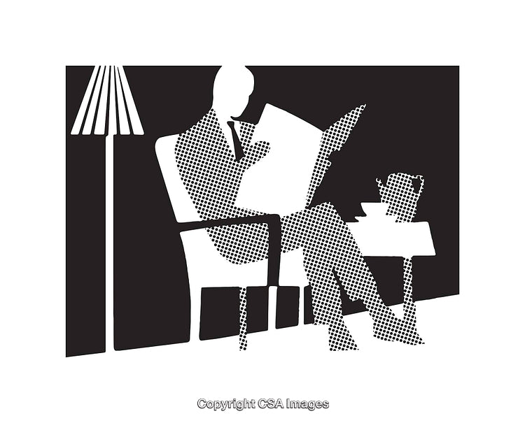 Vintage Black and White Illustration of Man Relaxing with Newspaper