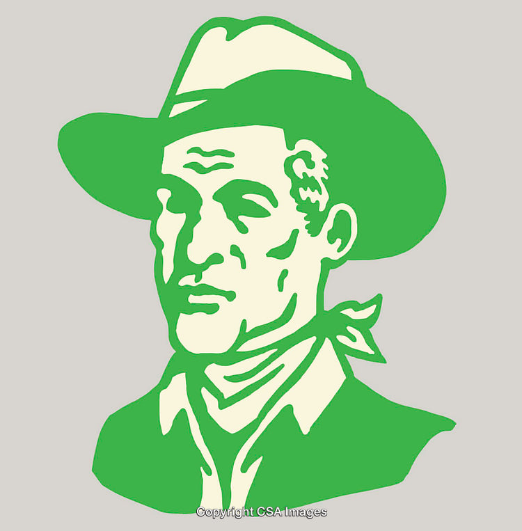 Vintage Style Green and Beige Cowboy Illustration with Hat and Bandana