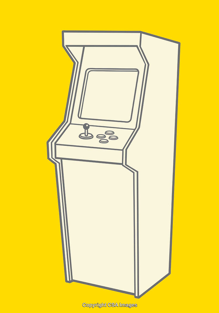 Yellow-Background Line Art of Classic Arcade Machine for Retro Gaming Enthusiasts