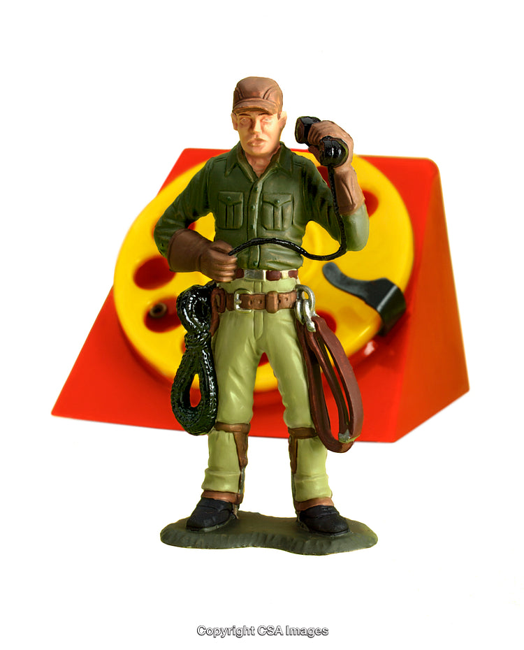 Toy Soldier Figure with Vintage Telephone in Vibrant Background