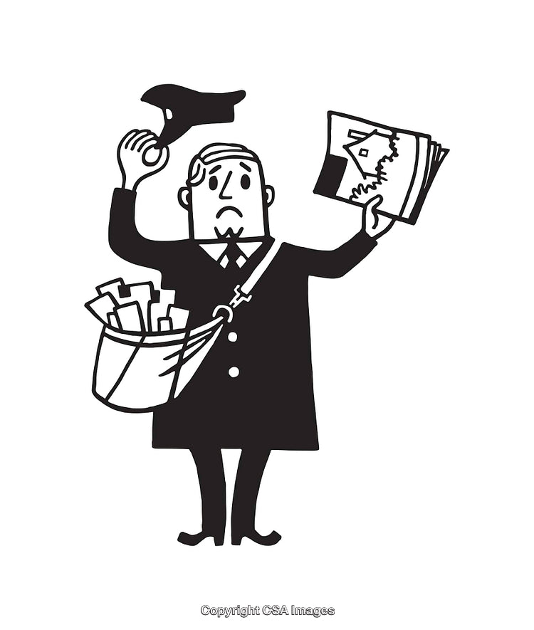 Black and White Line Art Illustration of a Male Mailman in Uniform