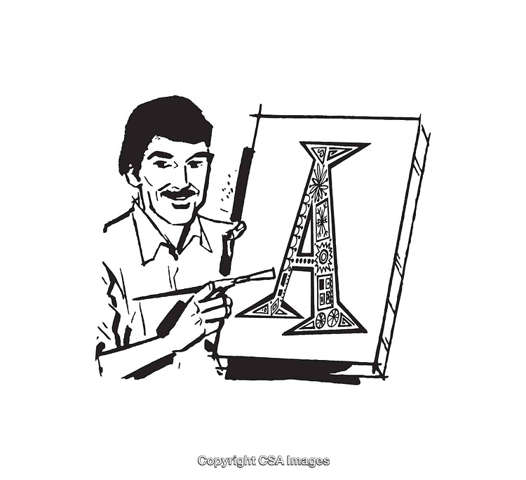 Illustration of Artist Displaying Intricate Design on Large Canvas in Black and White