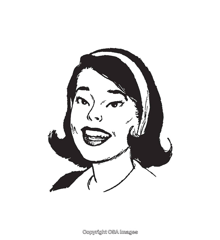 Vintage Stylized Black and White Line Art of Smiling Woman