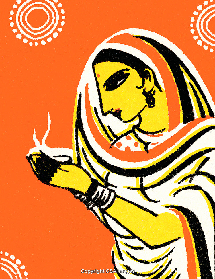 Traditional Indian Woman Holding a Lamp in Vibrant Retro Style Artwork