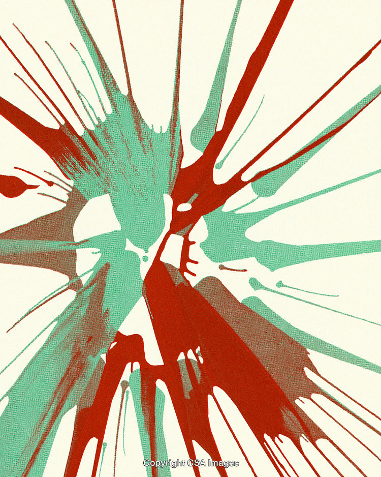 Bold Abstract Artwork Featuring Red and Green Paint Splashes on Neutral Background