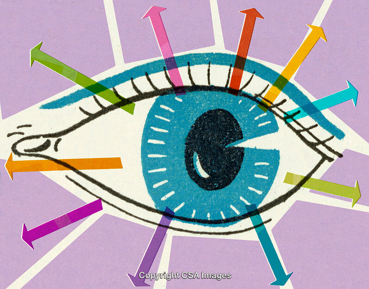 Colorful Artistic Eye Illustration with Symbolic Arrows on Pastel Background