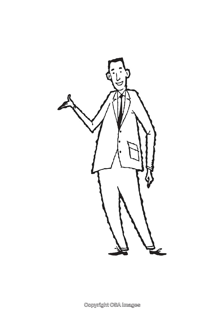 Hand-Drawn Businessman Illustration with Friendly Gesture in Black and White