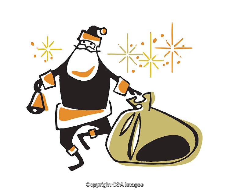 Festive Santa Illustration Carrying Sack with Bell and Sparkles