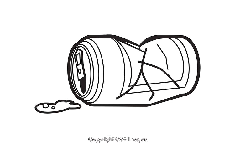 Black and White Line Art of a Crushed Beverage Can with Spill