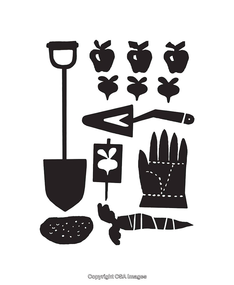 Black and White Garden Tool and Crop Line Art Illustrations