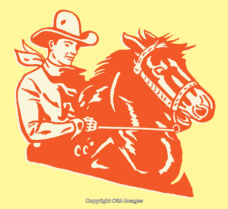Western Cowboy Riding a Horse in Bold Color Line Art Illustration