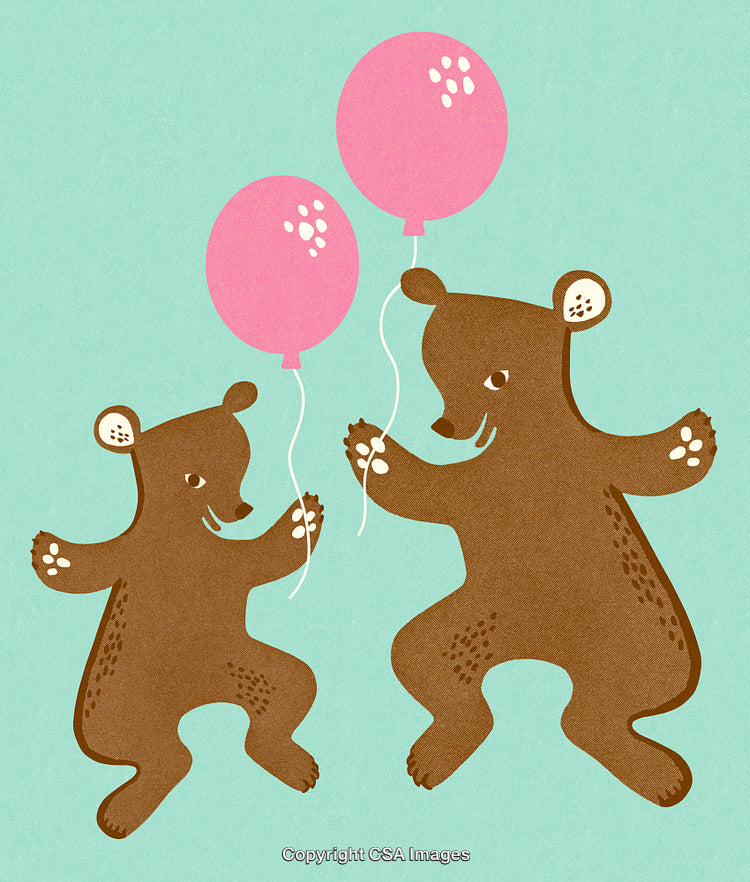 Illustration of Two Playful Bears Holding Balloons on a Colorful Background