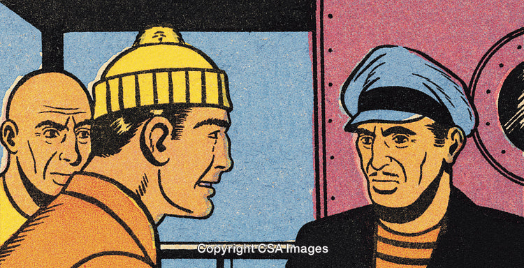 Retro Comic Illustration Depicting Three Characters in Dialogue on a Ship