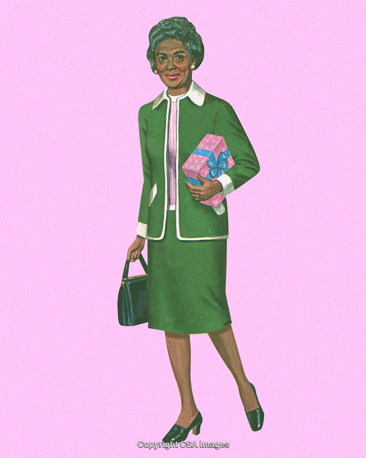 Elegant Woman Holding Gift Box on Pink Background