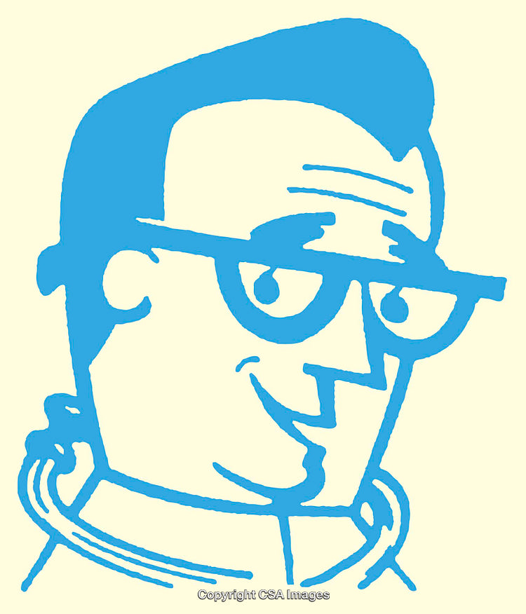 Blue Line Art Illustration of a Smiling Man Wearing Glasses