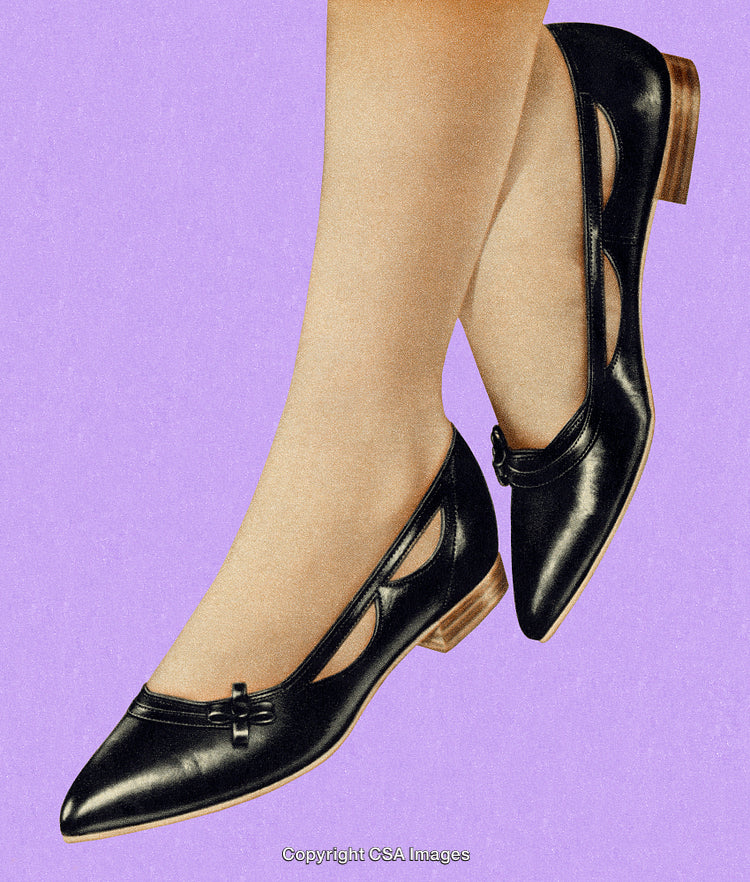 Stylized Black Leather Women’s Shoes on Violet Background Design Concept
