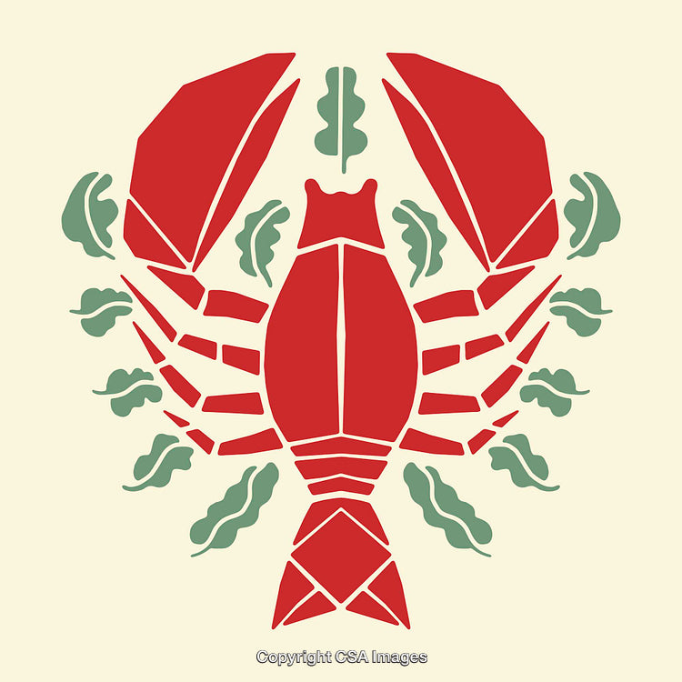 Modern Red Lobster Illustration With Stylized Leaves on Neutral Background