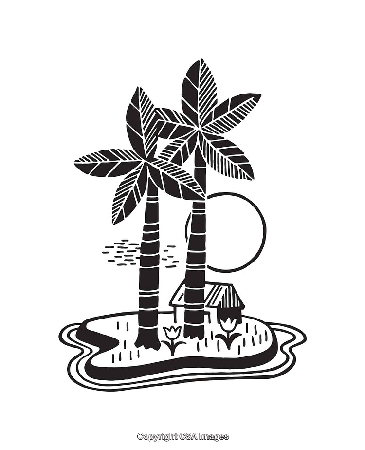 Black and White Tropical Island Illustrative Artwork with Palm Trees and Small Hut
