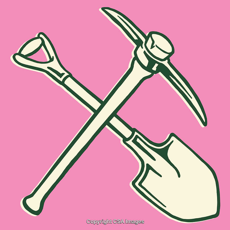 Crossed Shovel and Pickaxe Line Art on a Bold Pink Background
