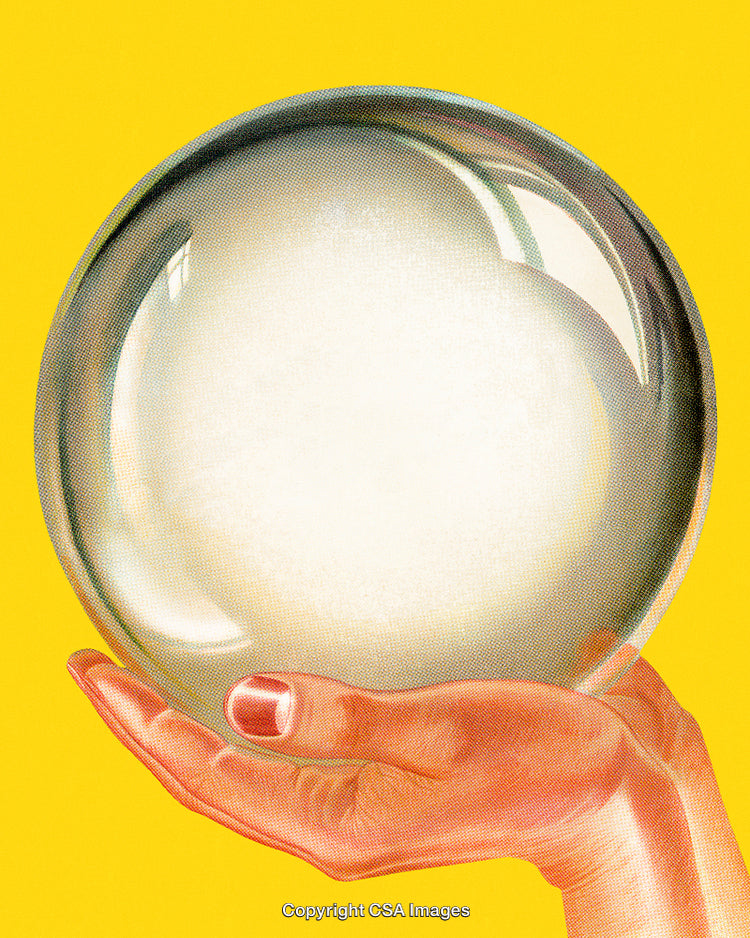 Hand Holding a Shiny Crystal Sphere Against a Bright Yellow Background